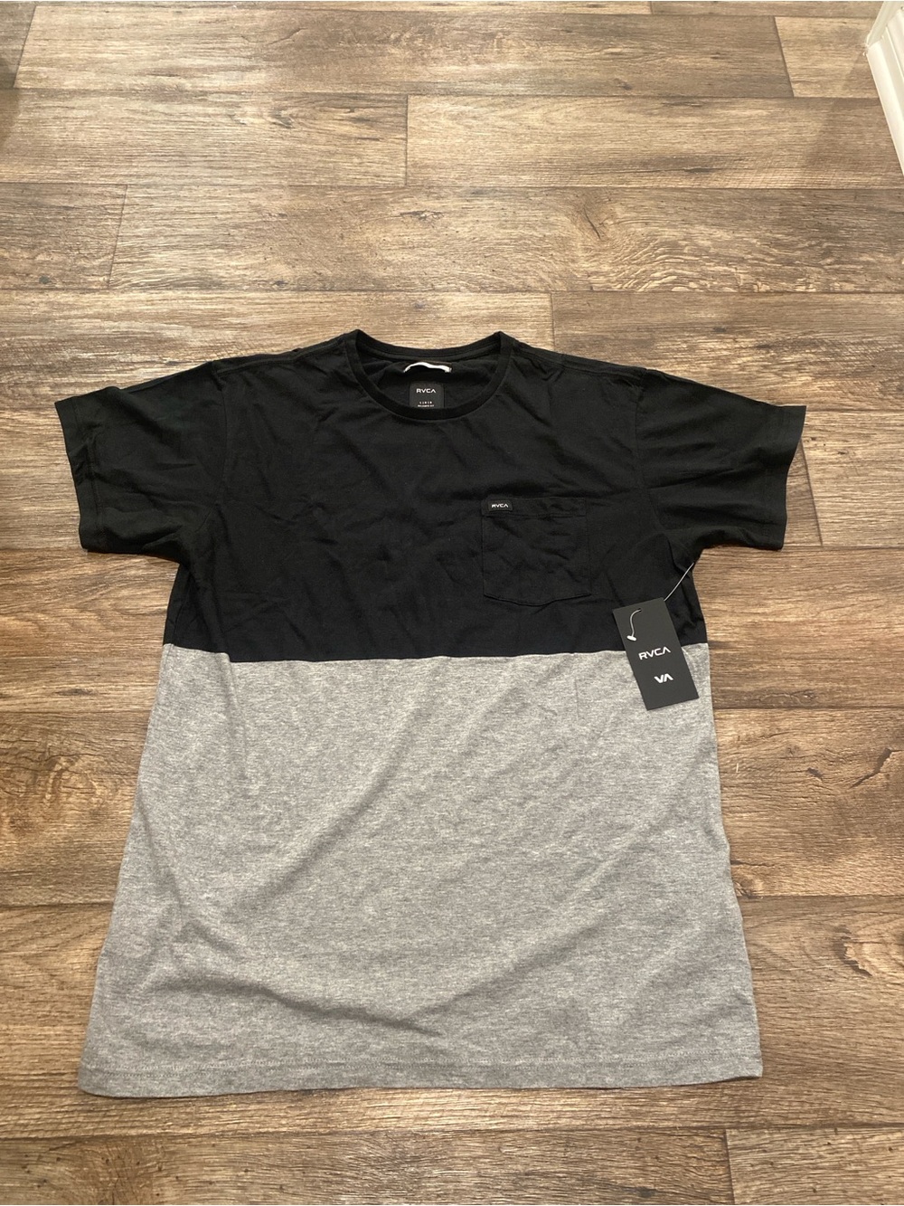 RVCA Men’s Black and Gray Colorblock Pocket T-Shirt